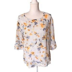 Pure Jill Linen Watercolor Floral 3/4 Sleeve Scoop Neck Sheer Top Women's Size S